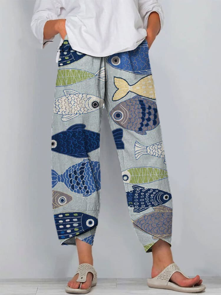 Women's Vintage Lovely Fish Art Printed Cotton And Linen Casual Pants e3ea