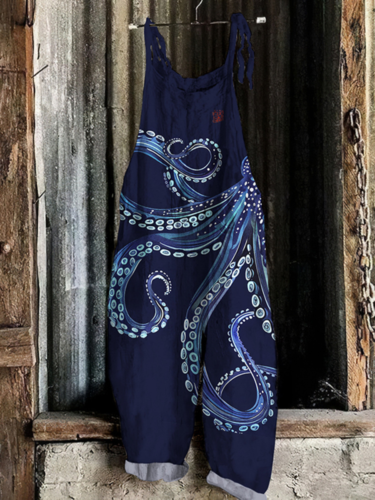 Japanese Art Octopus Print Casual Loose Jumpsuit db7c