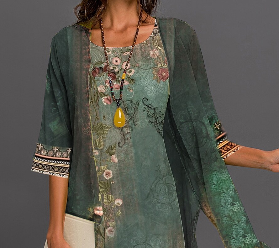 Women's Dress Set Green 3/4 Length Sleeve Floral Print Two Piece Dress