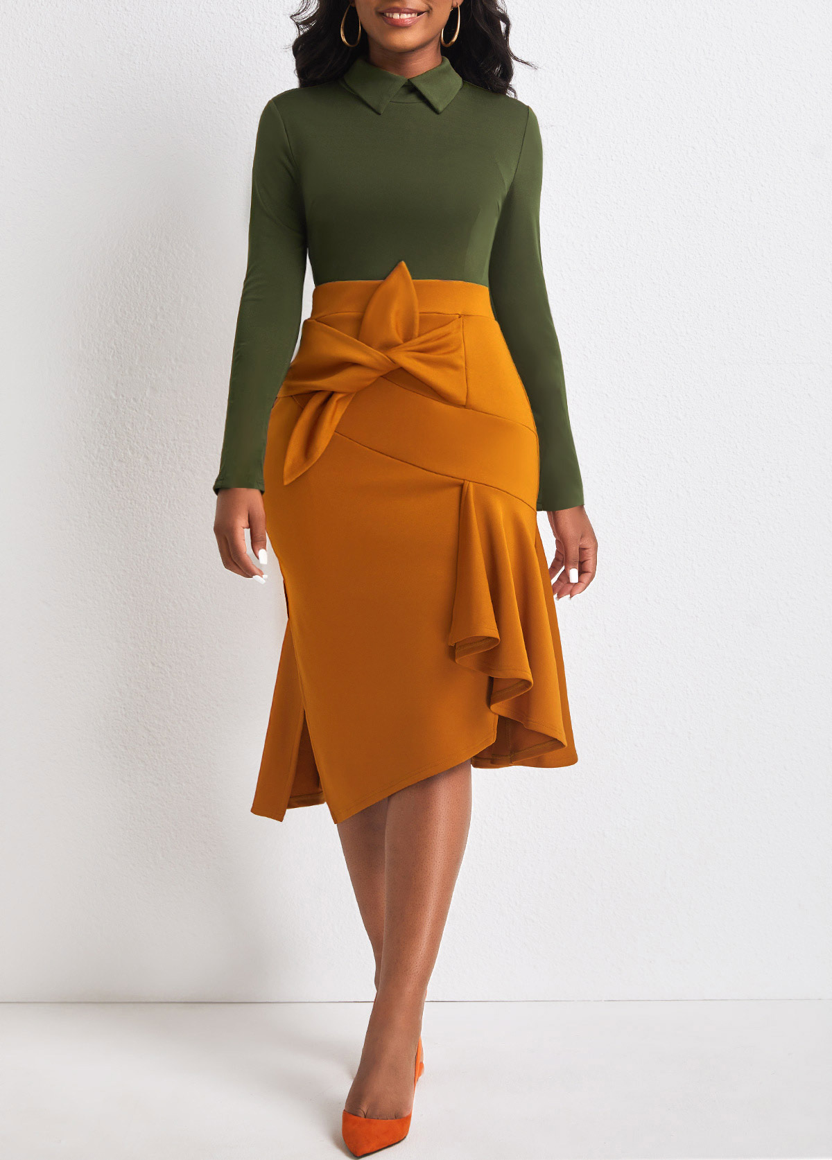 Blackish Green Contrast Bowknot Side Slit Dress